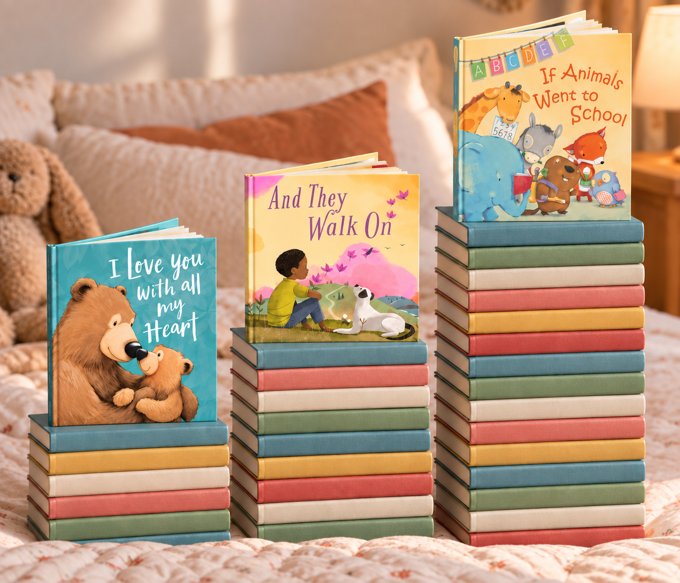 Illustrated children's storybooks displayed on colorful stacks of books